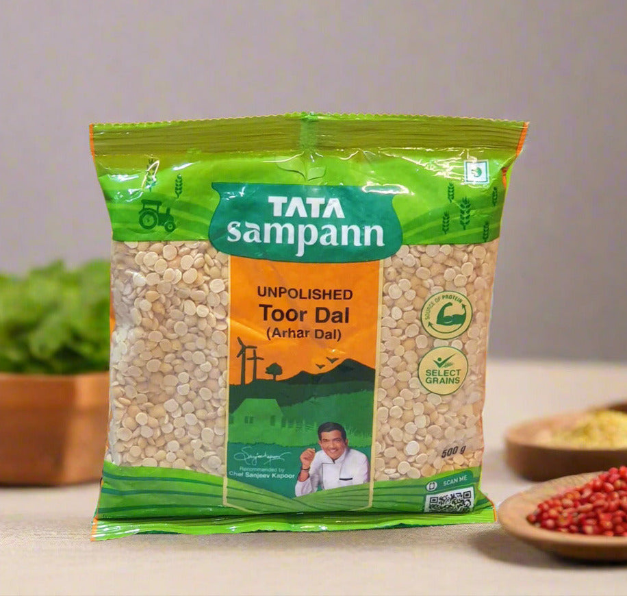 Tata Sampann unpolished toor dal package on a neutral background